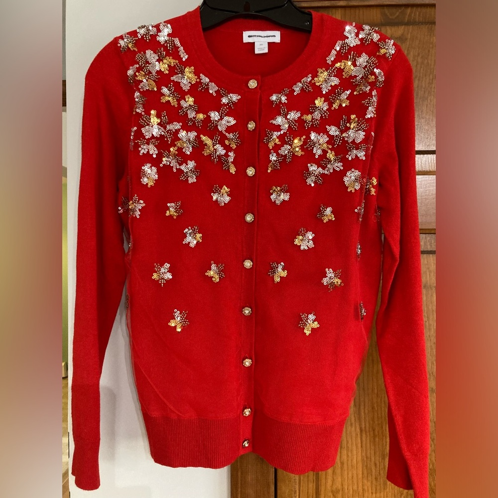 Embellished Red Cardigan sparkly button mesh overlay sweater XS